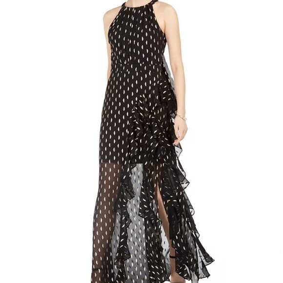 Betsy & Adam Chiffon Foil-Dot Gown - Navy/Gold - Picture 2 of 2